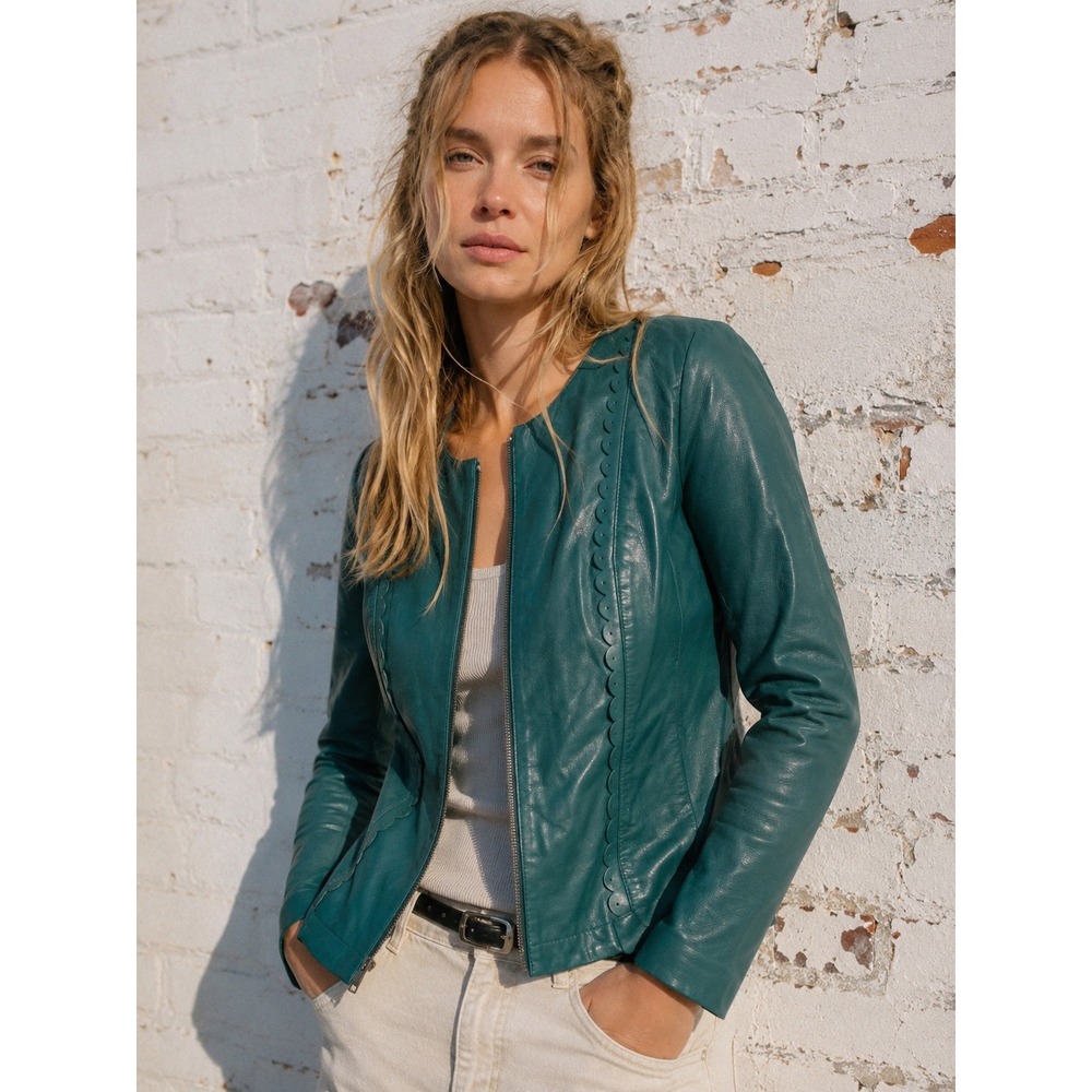 Hinge Teal Blue Green Leather Scallop Trim Zip Moto Jacket Boho Luxe Size S